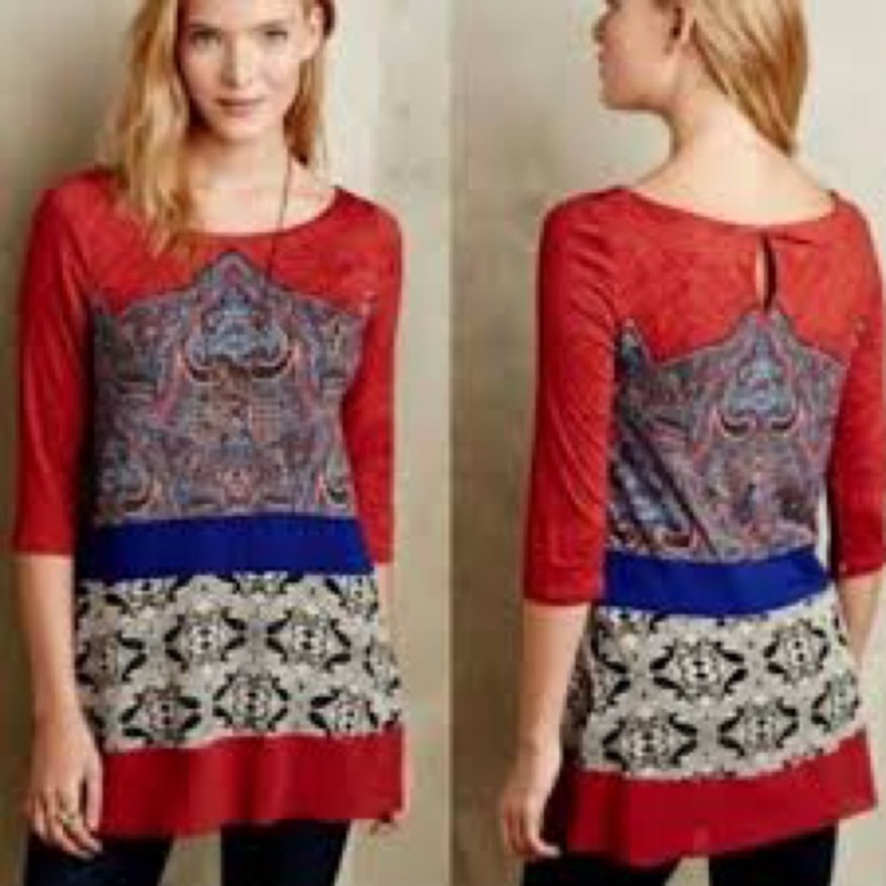 Anthropologie Akemi + Kin Vintage Inspired Tunic Rust White Black Multi XS